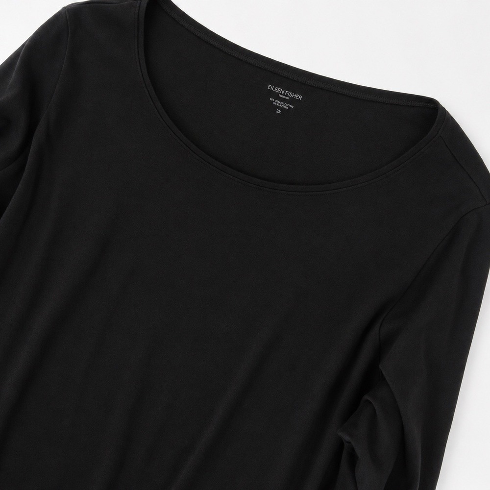 Eileen Fisher 100% Cotton Long Sleeve Casual Top 3X Black Scoop Neck Slit Hem